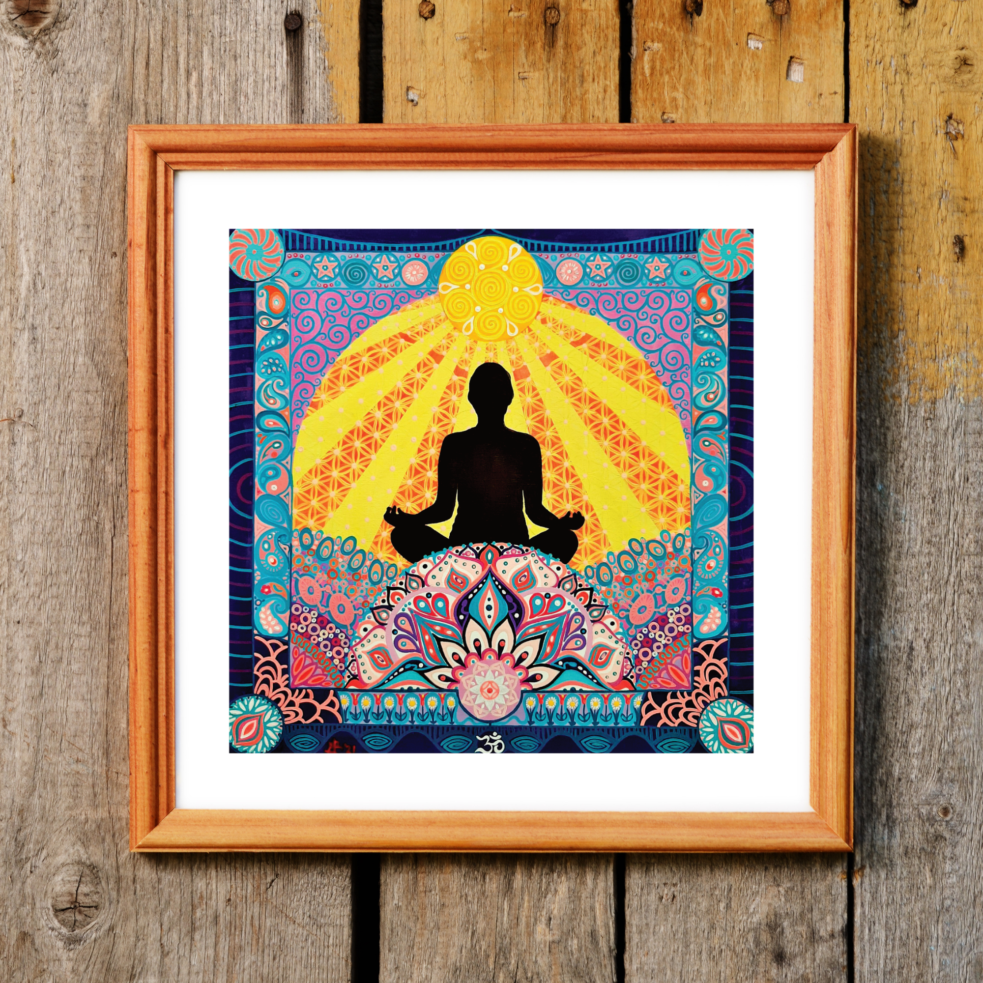 Colourful meditating buddha art print, download and print at home, in a wood effect frame (not included).