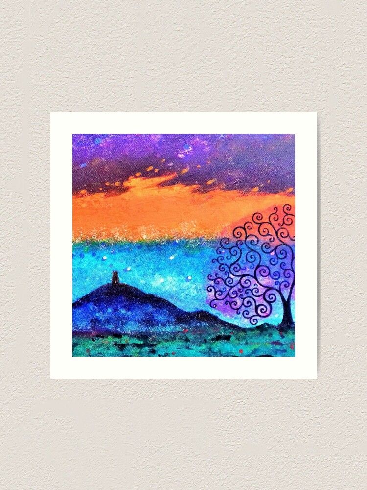 Glastonbury Tor, Tree of Life & Orange Sky art print