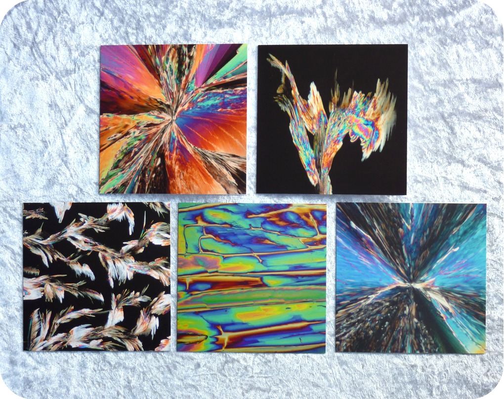 <!-- 00003 --> Five chemistry greetings cards - chemical crystals under the