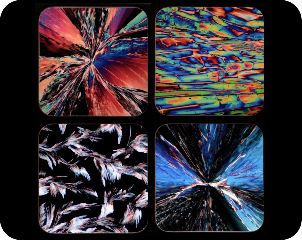 <!-- 00020 -->Four chemistry coasters - chemical crystals by polarised ligh