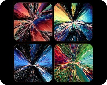 Four citric acid crystals chemistry coasters - citric acid crystals by polarised light microscopy (Co-Cit4)