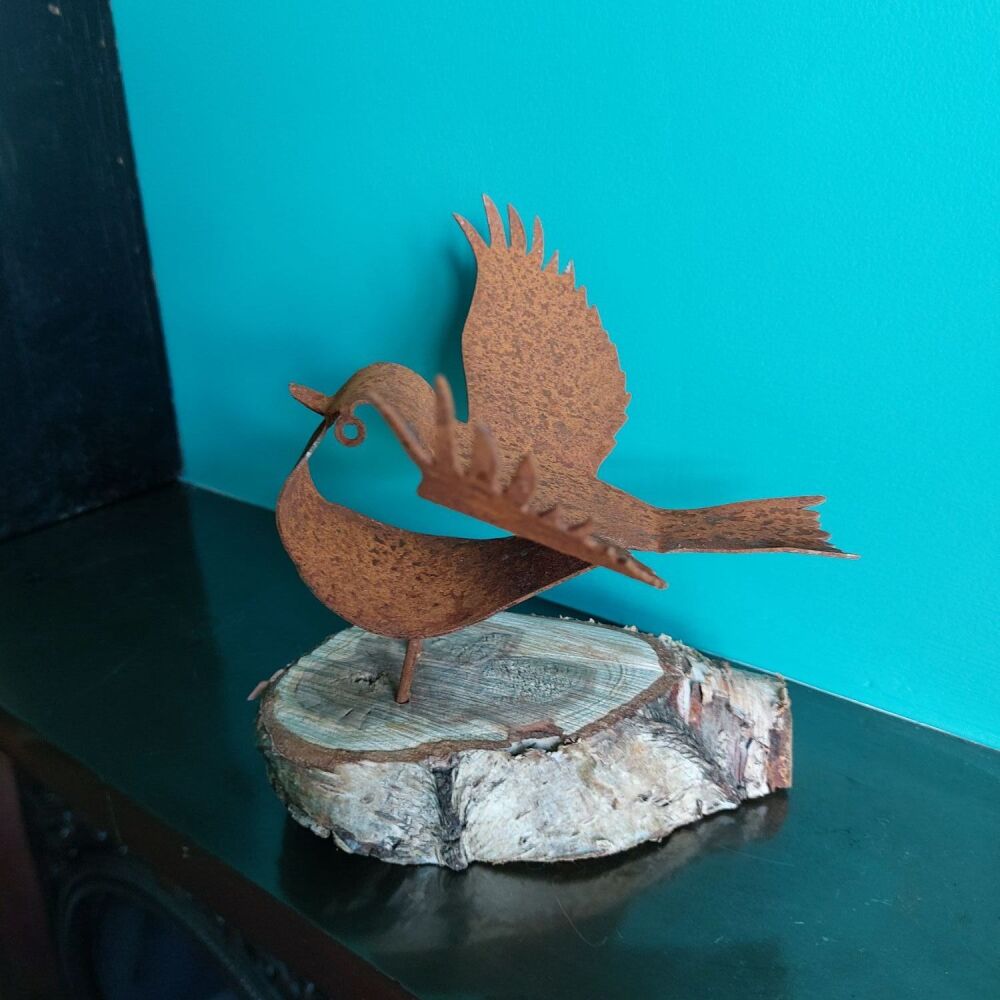 Metal Robin Sculpture Sitting on Log - Phoenix