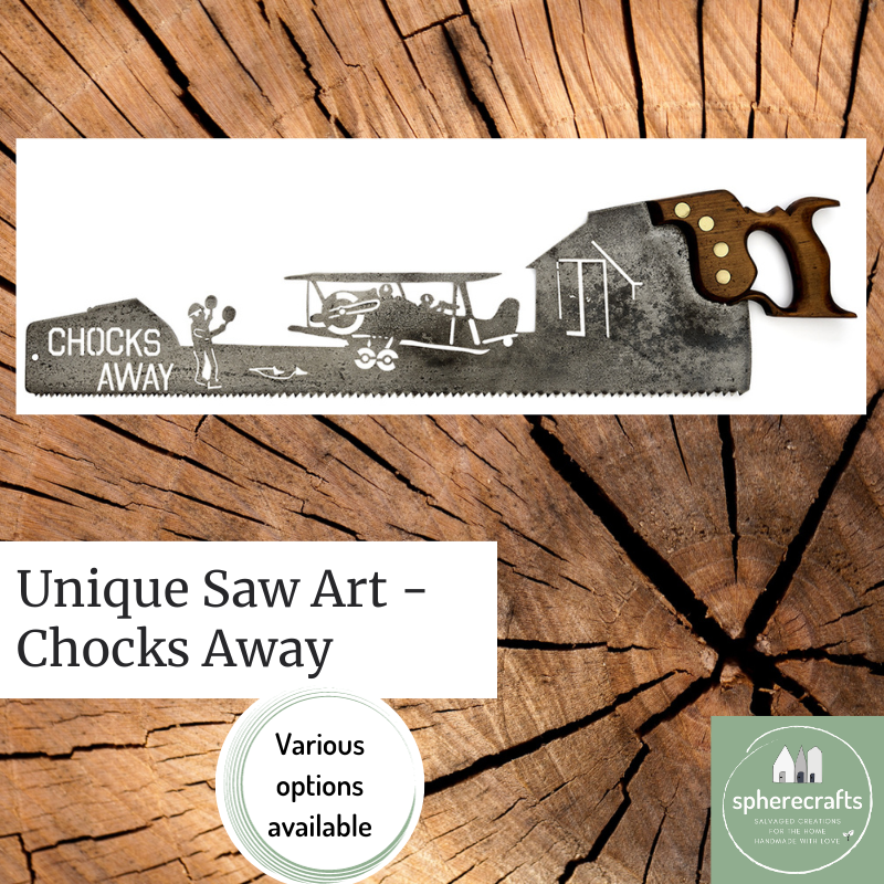 VLaser Cut Vintage Saw Wall Art / Sign Home Decor  - Chocks Away Bi-Plane