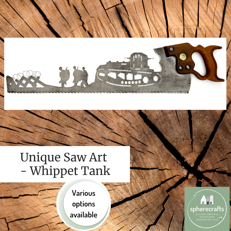 Unique Wall Art Laser cut onto Vintage Saws - Whippet World War 1 Tank