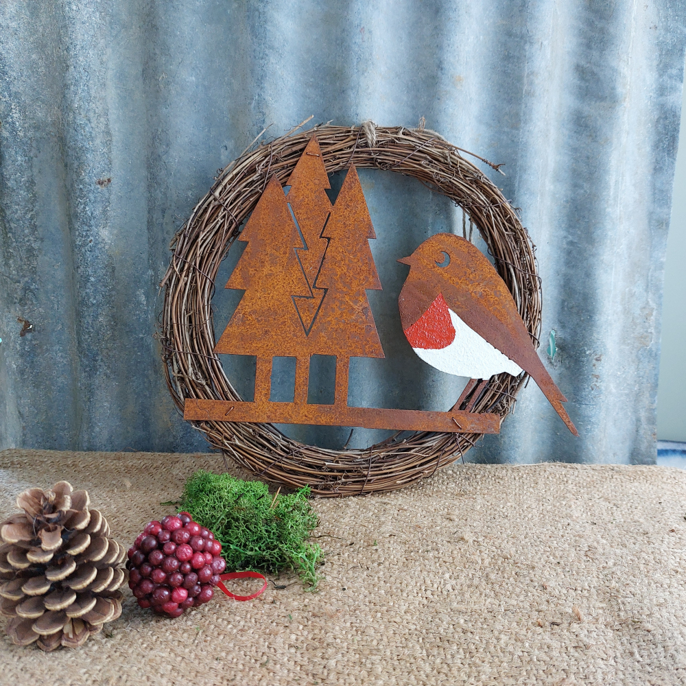 Christmas Door Wreath - Grapevine / Rattan with Robin Red Breast
