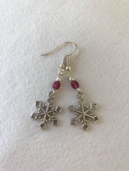 Christmas Earrings - Snowflakes with dark pink crystal. 