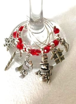 Xmas Wine Glass Charms - Christmas Red Crystals/Snowman.