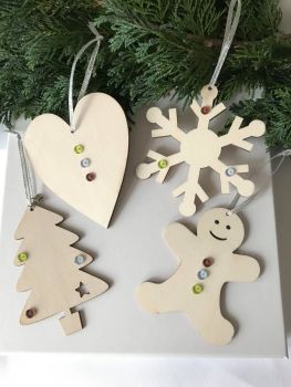 Christmas Wooden Hanging Decorations - Set of 4, Green Blue & Amethyst