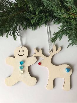 Christmas Wooden Hanging Decorations - Set of 2 Turquoise blue