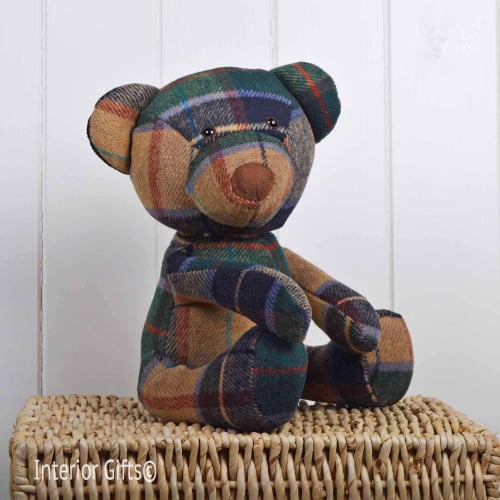 Fabric Teddy Door Stop - Green/Beige Tartan
