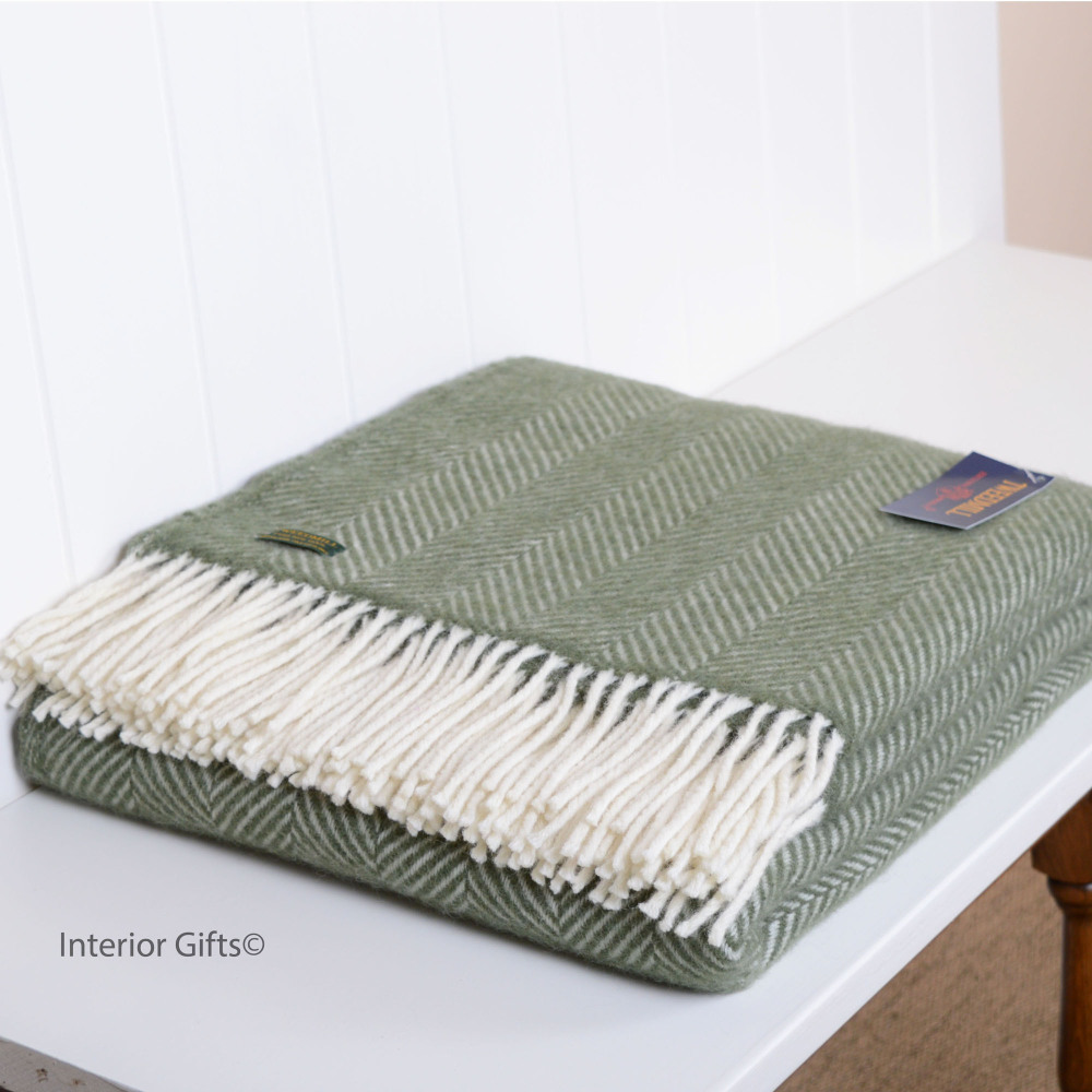 Tweedmill Olive Green Herringbone Pure New Wool Throw Blanket