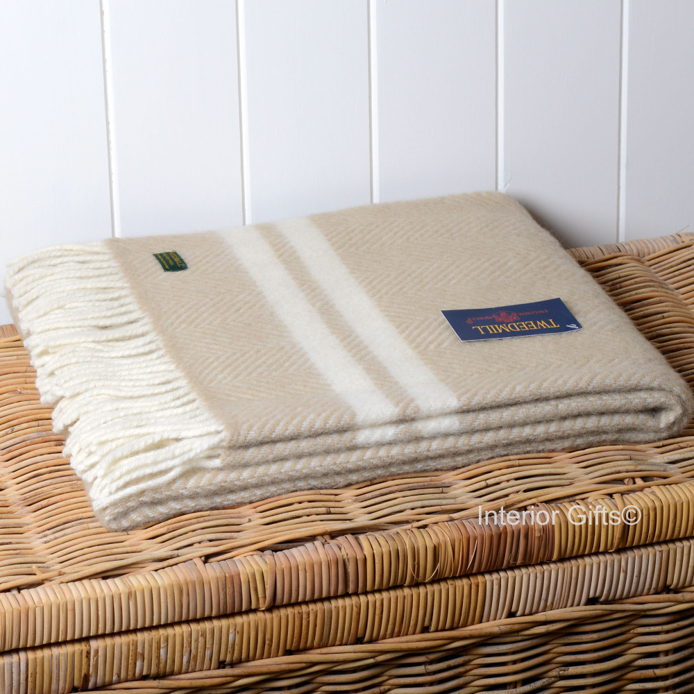 Knee Rug or Small Travel Rug in Beige & Cream Fishbone Pure New Wool