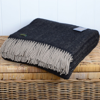 Tweedmill Charcoal Black & Beige Herringbone Pure New Wool Throw Blanket
