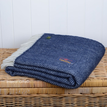 Tweedmill Navy Blue Herringbone Pure New Wool Throw Blanket