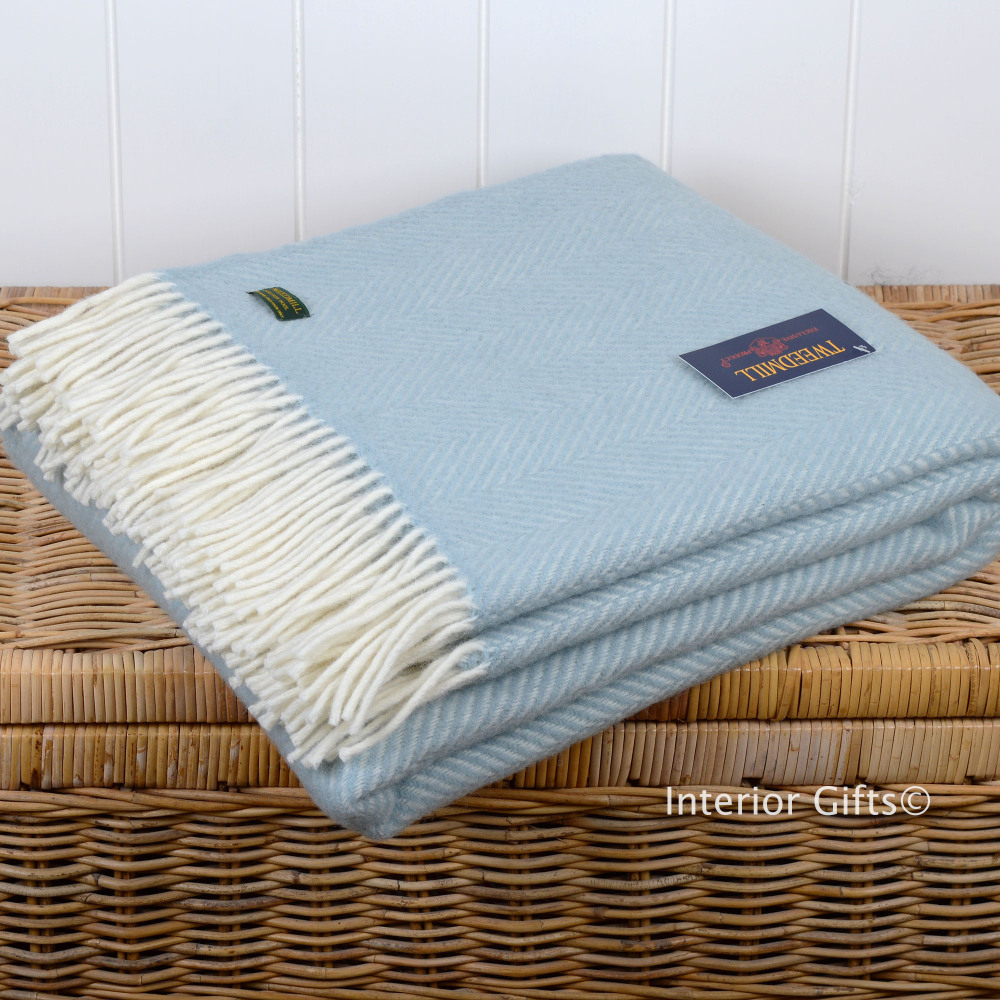 Tweedmill Duck Egg Blue Herringbone Pure New Wool Throw Blanket