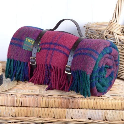 Lindsey Tartan Wool Picnic Blanket or Rug with Leather Carry Strap