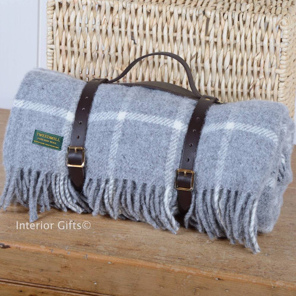 Grey Chequered Check Wool Picnic Blanket or Rug with Leather Carry Strap