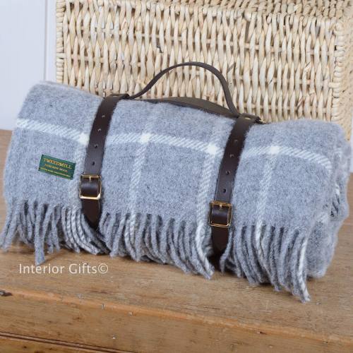 Grey Chequered Check Wool Picnic Blanket or Rug with Leather Carry Strap