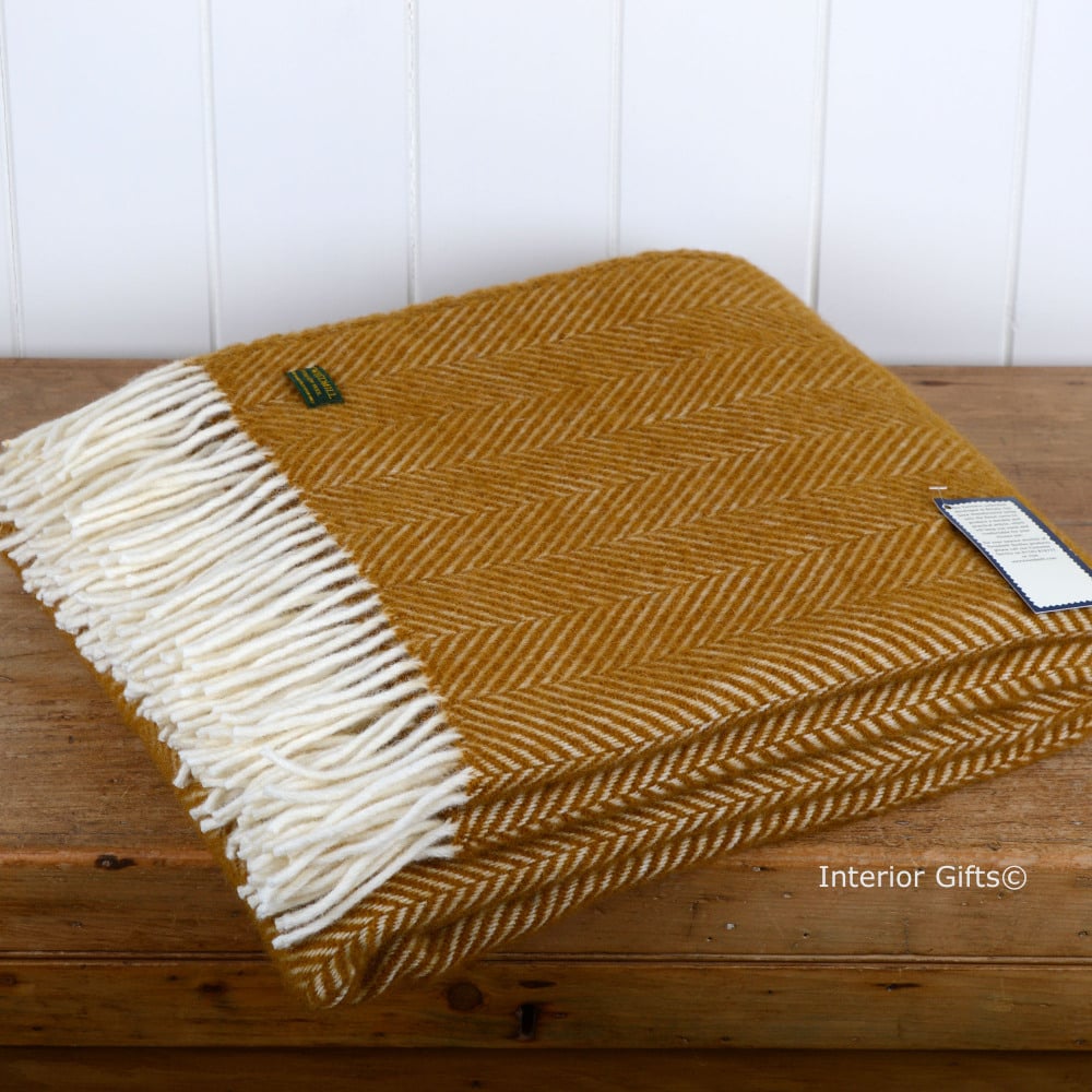 Tweedmill Antique Gold / Mustard Herringbone Pure New Wool Throw Blanket