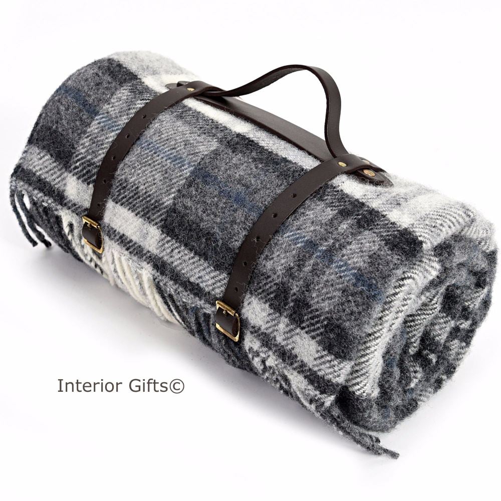 Classic Country Grey Check Waterproof Backed Wool Picnic Blanket or Rug wit