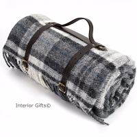 WATERPROOF Backed Wool Picnic Rug / Blanket in Country Grey Check with Leather Carry Strap