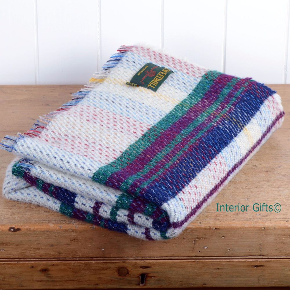 100% Wool 'Eco-friendly' Throw / Blanket / Picnic Rug in Check Stripe Multi