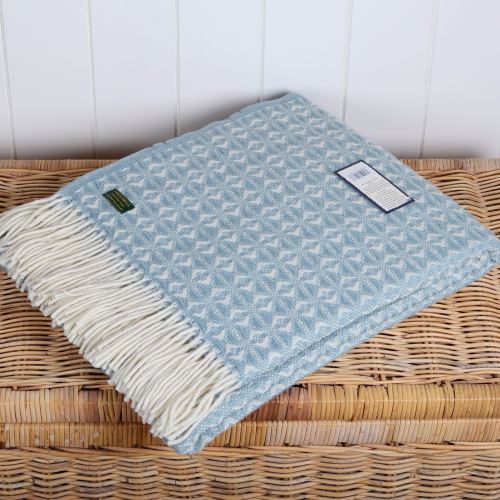 Cobweave duck egg wool throw, Tweedmill light blue and cream in pure