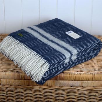 Tweedmill Navy Blue & Silver Grey Herringbone Stripe Pure New Wool Throw Blanket