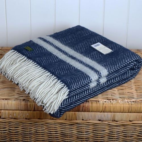 Tweedmill Throw In Navy Silver Grey Two Stripe With Cream Fringe Tweedmill Navy Blue Silvery Grey Fishbone Two Stripe Pure New Wool Throw