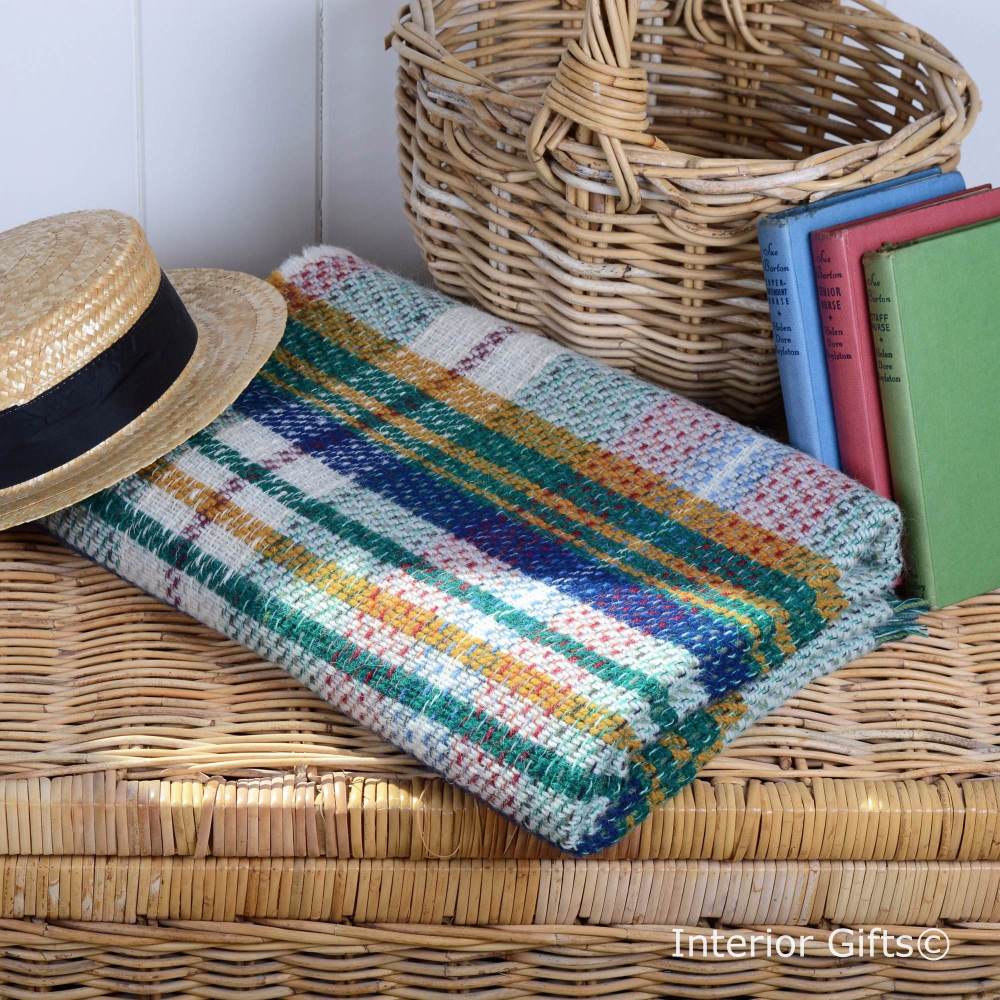 100% Wool 'Eco-friendly' Throw / Blanket / Picnic Rug in Check Stripe Green