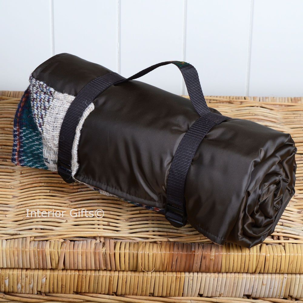 WATERPROOF Backed All Wool Eco-Friendly Picnic Rug / Blanket Multi Check Brown