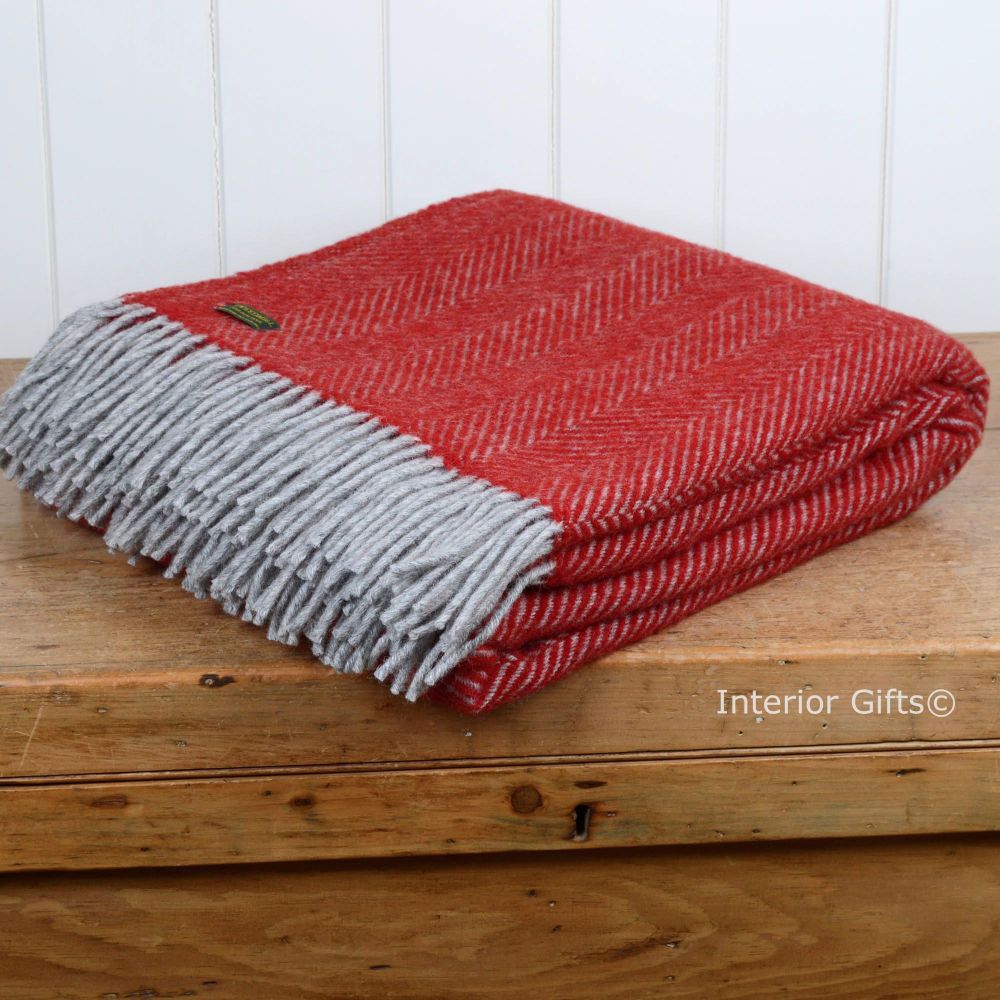 Wool Red & Charcoal Herringbone Throw Tweedmill with charcoal fringe in ...
