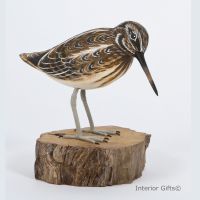 Archipelago Jack Snipe on Aged Natural Wooden Base, Bird Wood Carving