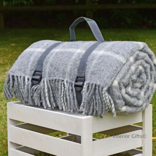 WATERPROOF Backed Wool Picnic Rug / Blanket in Classic Grey Check with Prac