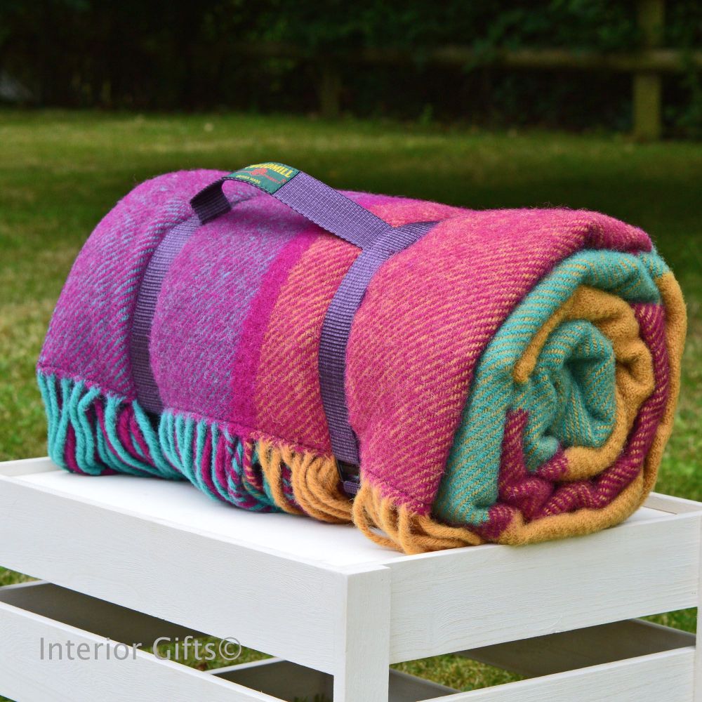 WATERPROOF Backed Wool Picnic DESIGNER Rug / Blanket in Multi Block Check w