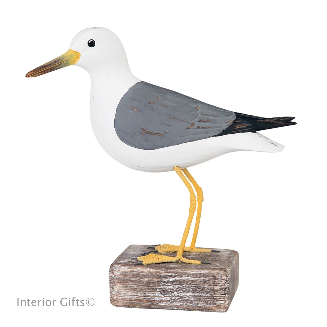 Archipelago Common Gull Standing on Driftwood, Bird Wood Carving - Seagull