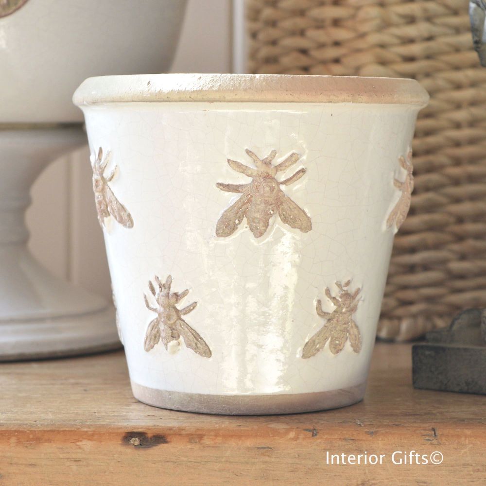 Rustic Bee Embossed Plant Pot Handmade in Antique Ivory Cream 