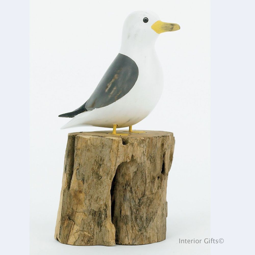 Archipelago Small Seagull on Tree Stump - Bird Wood Carving 
