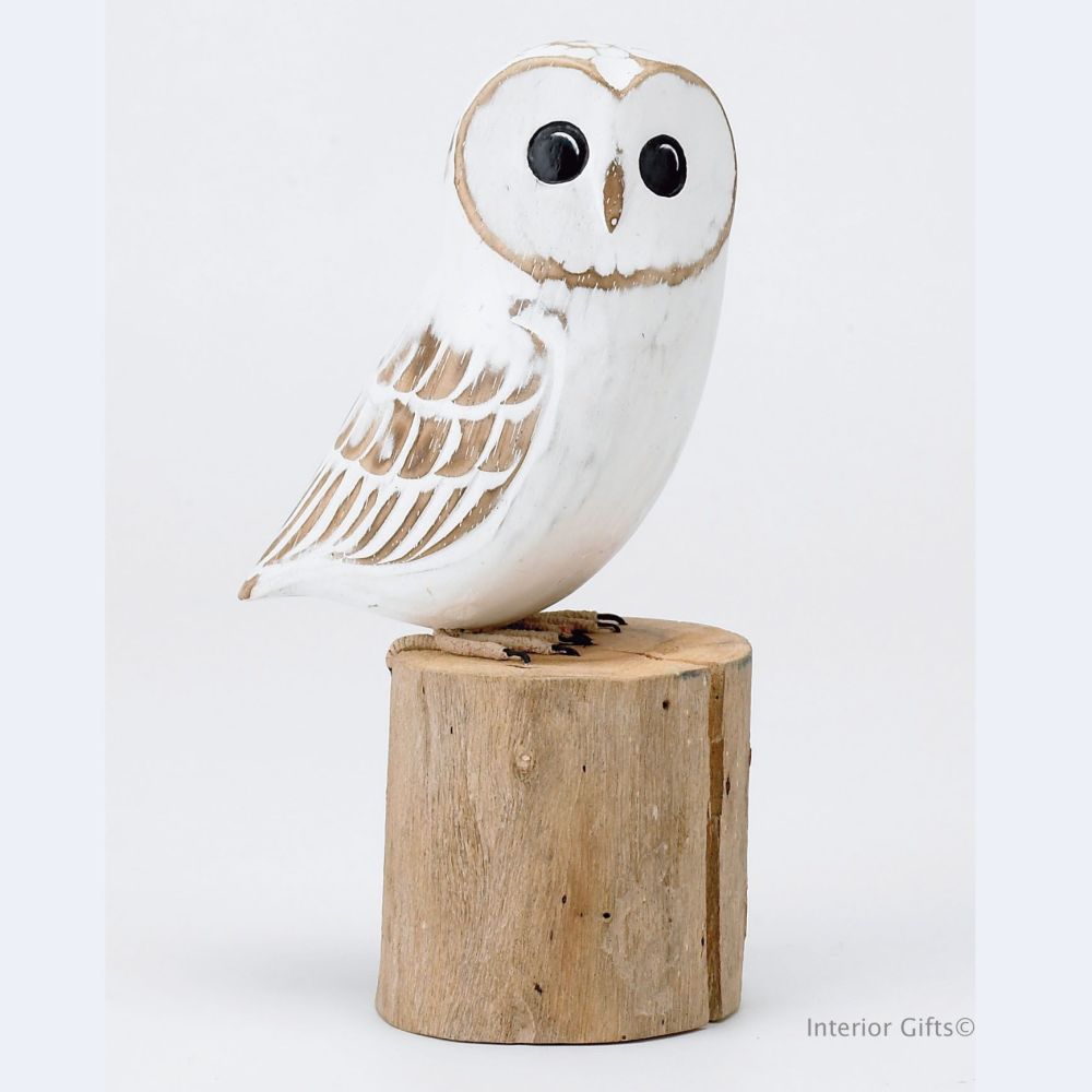 Hand Carved Wooden Painted Barn Owl on a Tree Stump Garden Ornament Bird Carving