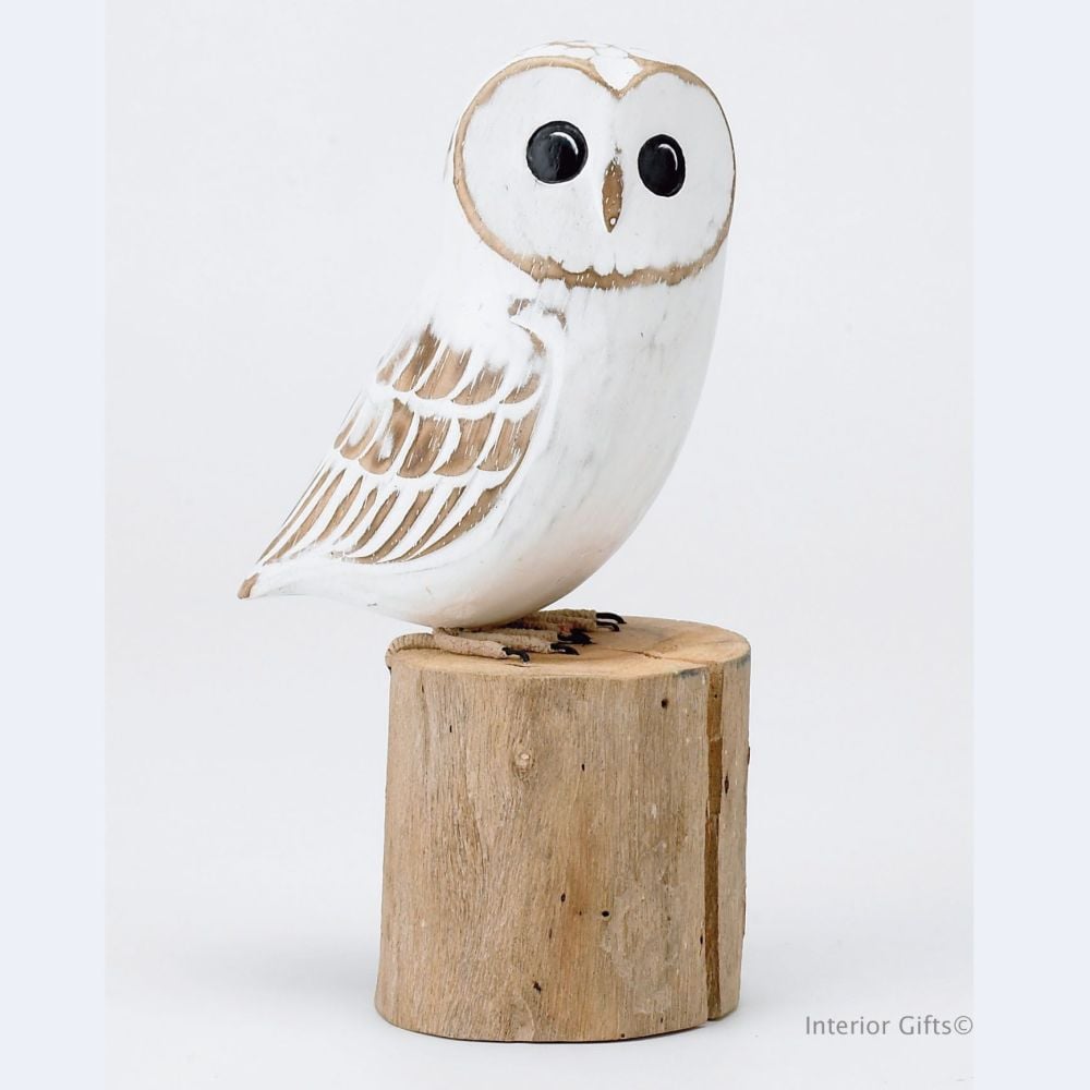 Archipelago Baby Barn Owl D323 Bird on Tree Stump Wood Carvings, wildlife  country or bird watching gift or present
