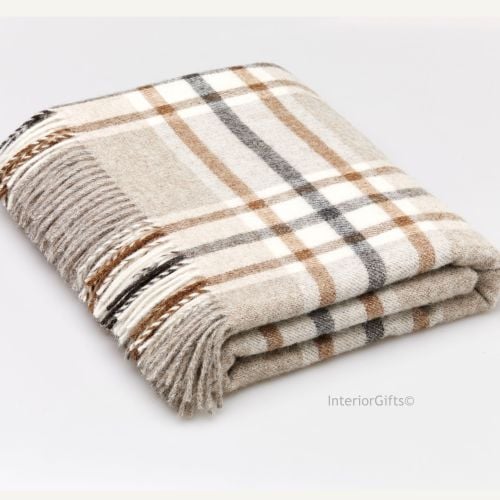 BRONTE by Moon Arncliffe Beige Check Throw in 100% Shetland Pure New Wool