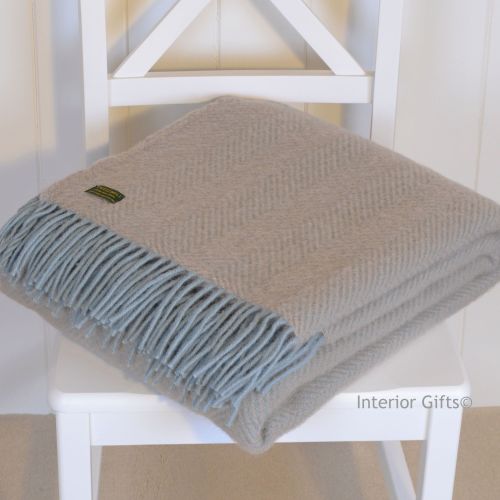 Tweedmill Duck Egg Blue & Beige Herringbone Pure New Wool Throw