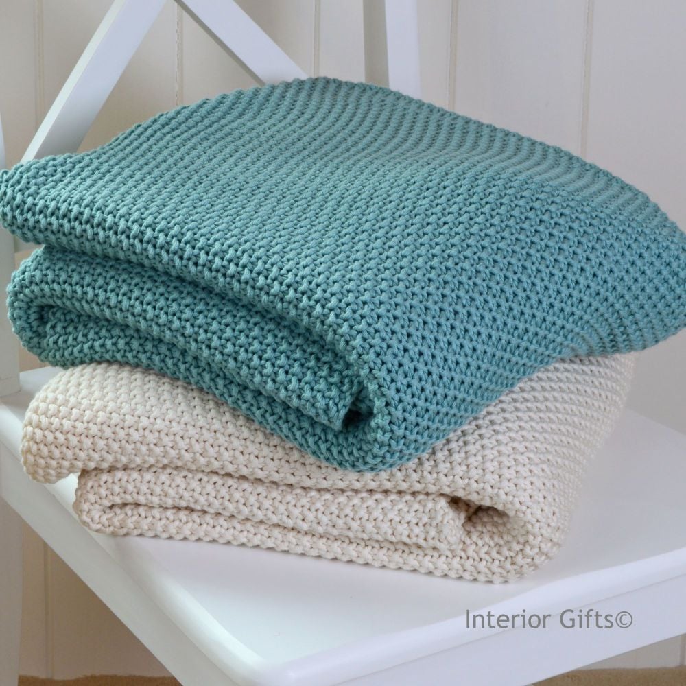 100% Cotton Knitted Throw in Light Sea Blue