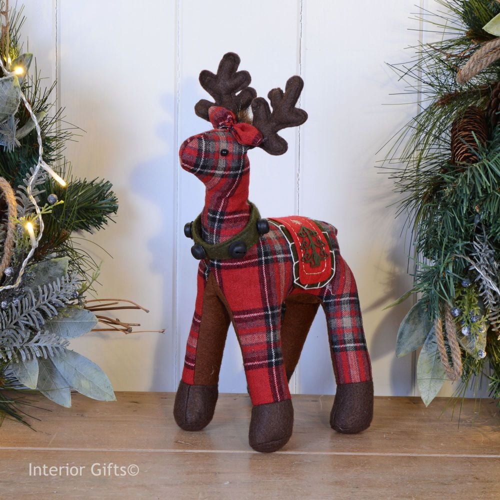 Tartan Reindeer Christmas Decoration - Red 32 cm
