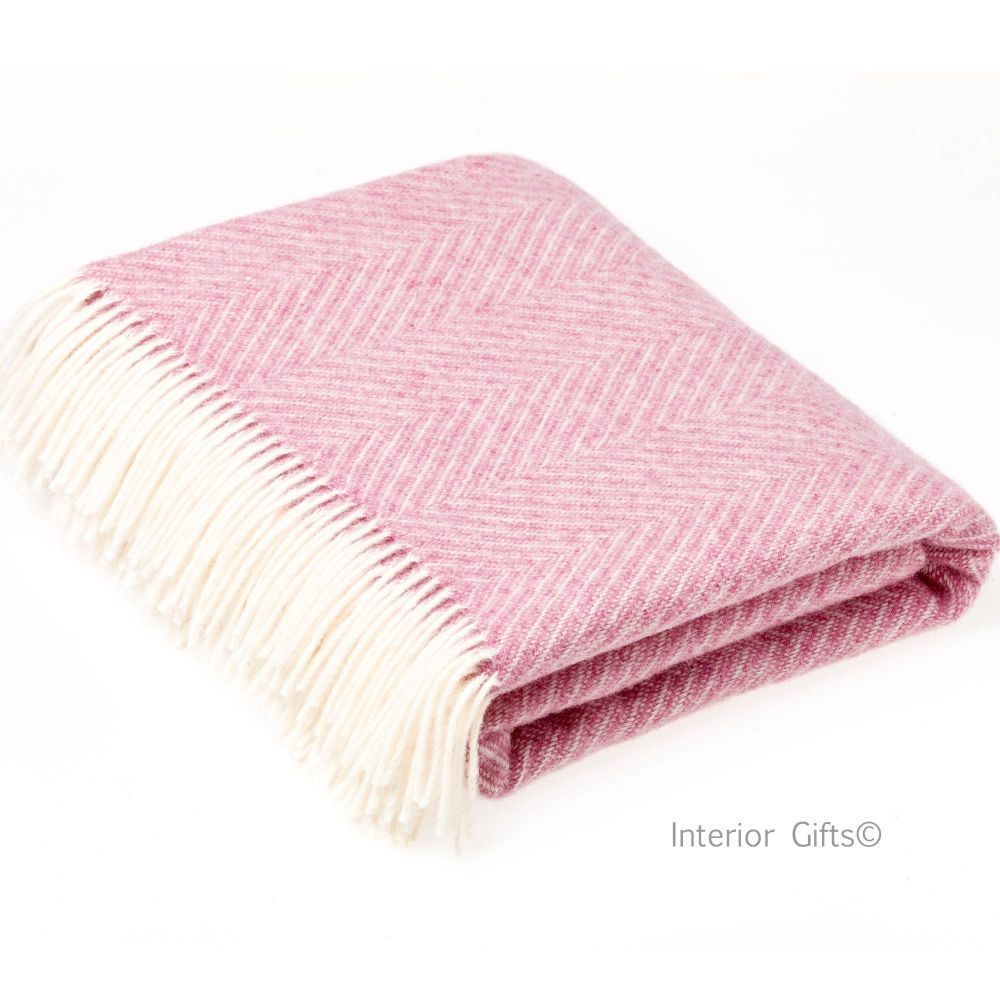 Bronte Light Pink Wool Throw Shetland Herringbone Variegated In Pure New Wool Dusty Pink Coloured Unique Weave