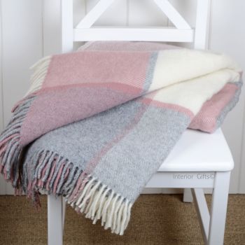 Tweedmill Multi Check Dusky Pink & Silver Grey Pure New Wool Throw Blanket