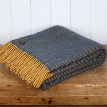 Tweedmill Navy Blue  and Deep Lemon Herringbone Pure New Wool Throw Blanket