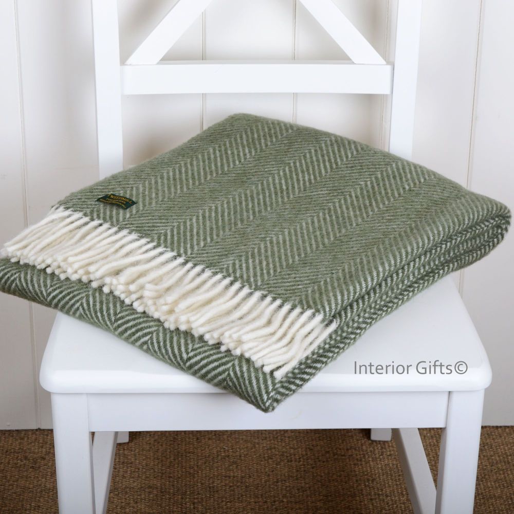 Knee Rug, Small Blanket or Throw in Olive Green Herringbone Pure New Wool