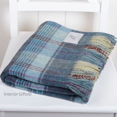 BRONTE by Moon Huntingtower Blue Check Throw in supersoft Merino Lambswool
