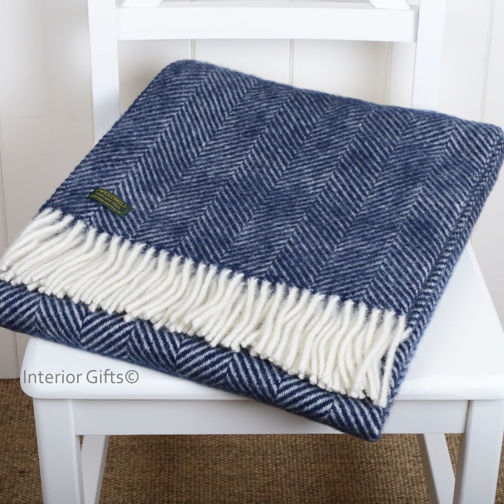 Tweedmill Knee Rug, Small Blanket or Throw in Navy Blue Herringbone Pure Ne